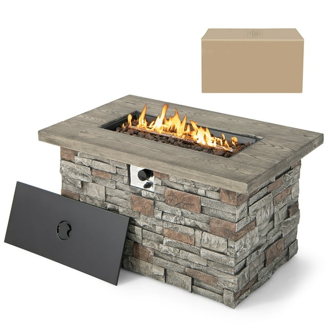 Costway Table de Foyer au Gaz Propane Rectangulaire 43.5 Pouces Fausse Pierre avec Roche de Lave et Housse en PVC