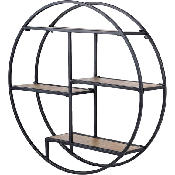 Industrial Style Round Wall Shelves, 3 Tier Decorative Floating Ledge Shelves, Wall Mounted Metal Bracket Wooden Display Hanging Shelf