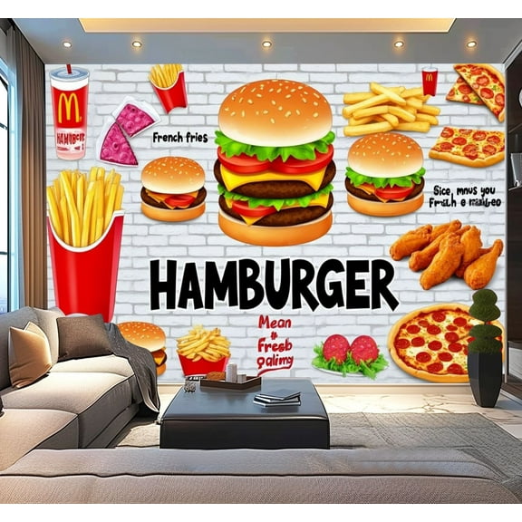 Peel and Stick Wallpaper Mural Brick Wall Fast Food Restaurant Burger Snack Bar Decor Hamburger Modern Art Wall Mural Decor Self Adhesive and Removable 100in x 144in