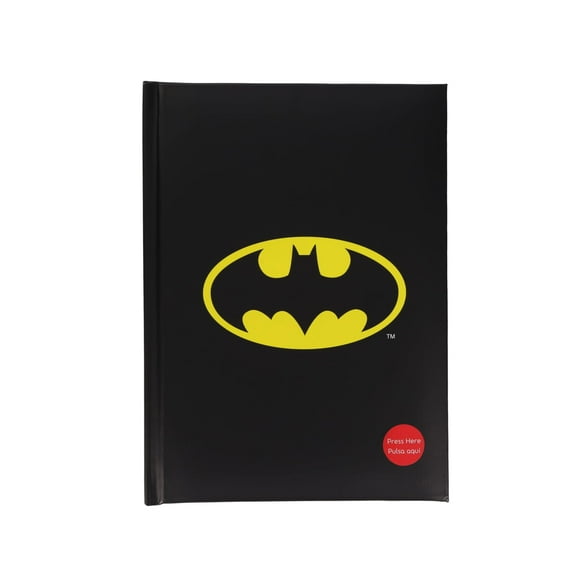 Cuaderno con imágenes de estrellas con el logotipo de Batman, tapa dura iluminada