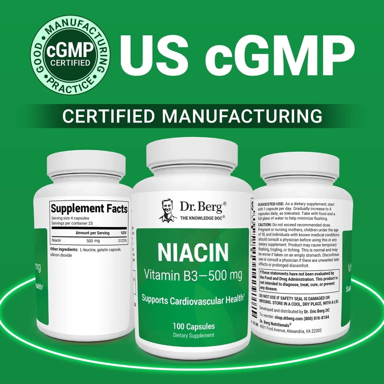 dr berg glutathione supplement Dr. Berg Niacin 500 mg of Vitamin B3 (125 mg Per Capsule) with Flushing for Heart Health & Energy Support, 100 Gelatin Capsules