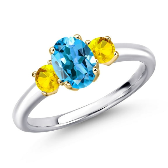 Gem Stone King 925 Silver and 10K Yellow Gold Swiss Blue Topaz and Yellow Sapphire Engagement Ring for Women | 1.32 Cttw | Oval 7X5MM | Gemstone November Birthstone | Size 9