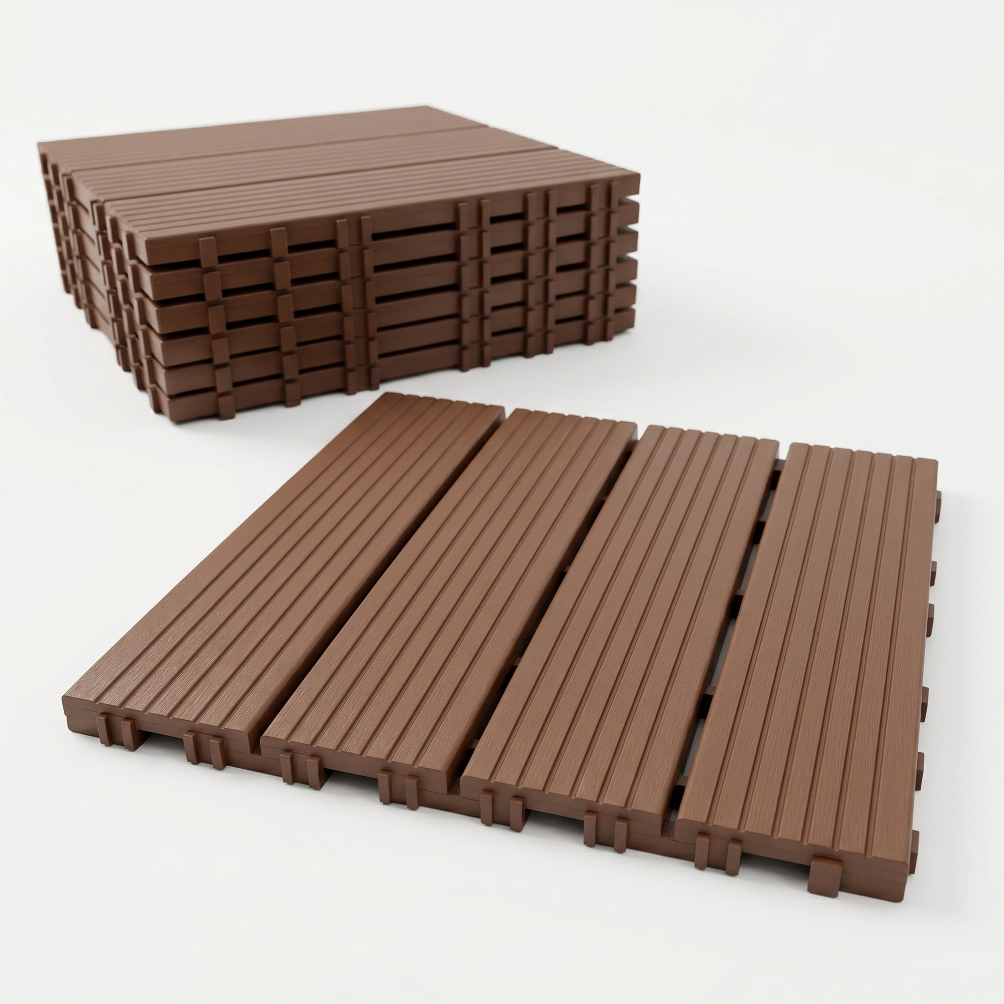 Interlocking Deck Tiles 44-Pack 12x12 Inch, Waterproof Patio Flooring and Snap Together Decking Tiles with Non-Slip Surface for Poolside Porch Garden, Brown
