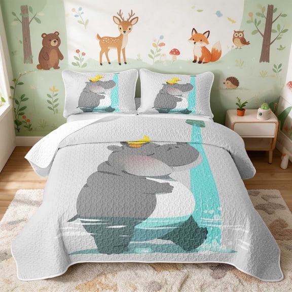 Erosebridal Hippo Twin Quilt Set for Boys Girls, Bath Time Twin Coverlet Set, 2-Piece 1 Bedspread and 1 Pillowcase