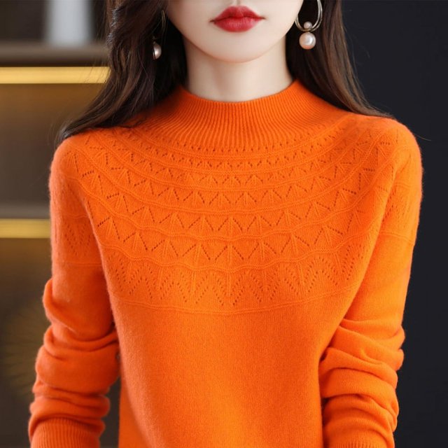 Suéter de punto de base corta con cuello alto y hueco para mujer, de pura lana sin costuras, confeccionado para otoño e invierno
