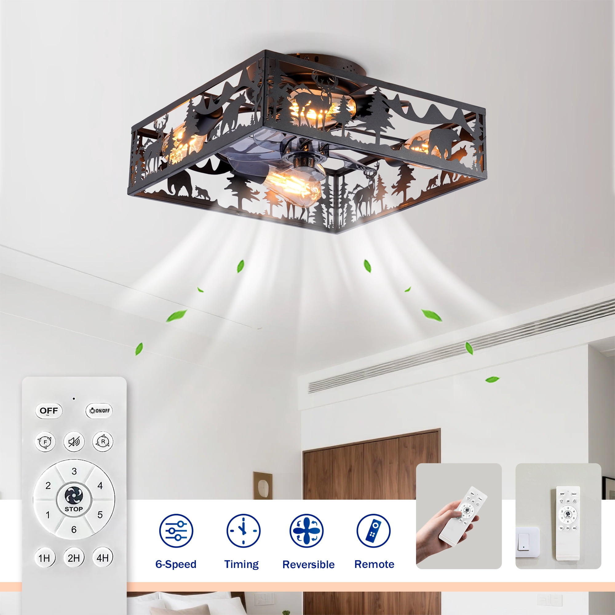 Leumius 20" Black Square Ceiling Fans with Lights and Remote, Flush Mount Square Ceiling Fan 6 Speed Reversible with Remote Control for Living Room Bedroom Dining Room (NOT Included Bulbs)