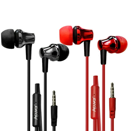 2 Acuvar wired ear bud Headphones with passive noise cancelling, in-line microphone and play/pause button (Red &
