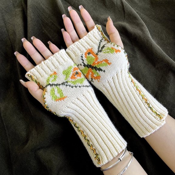 CUZIBR Womens Gloves Cute Cartton Flower Embroidery Knitted Mittens Fingerless Cozy Warm Fuzzy Lined Glove For Cycling Running Outdoor Activities