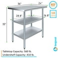 thumbnail image 3 of AmGood 24 in. x 36 in. Stainless Steel Table with Two Undershelves | Metal Utility Kitchen Prep Work Table | NSF, 3 of 9