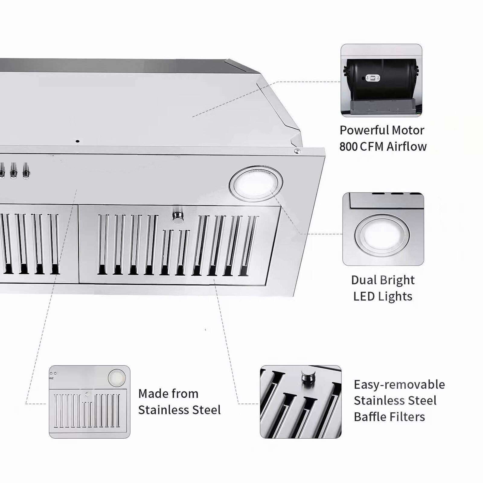 Joeaonz 36 Inch Range Hood 600 CFM Stainless Steel Vent, 3-Speed LED, Dishwasher Filter, 120V