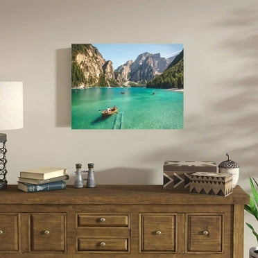 Tranquil Boat on Alpine Lake with Crystal Blue Water and Snowy Mountains – 12x16 Framed Nature Wall Art for Serene Home, Cabin, or Workspace