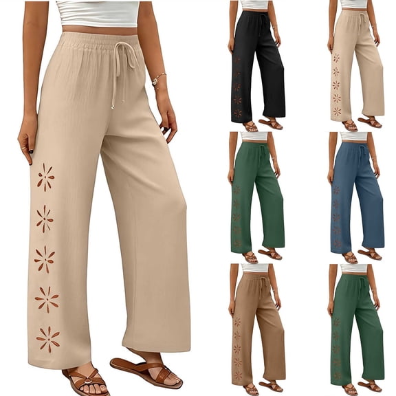 VBVC Women's Drawstring Cotton-Linen Pants,Floral Cutout Wide Leg Trousers For Women,Ladies Lightweight Boho Beachwear with Pockets,Army Green,S-2XL