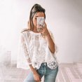 thumbnail image 4 of Women Lace Embroidered Blouse Batwing Short Sleeve Peplum Loose Casual Top White S, 4 of 7