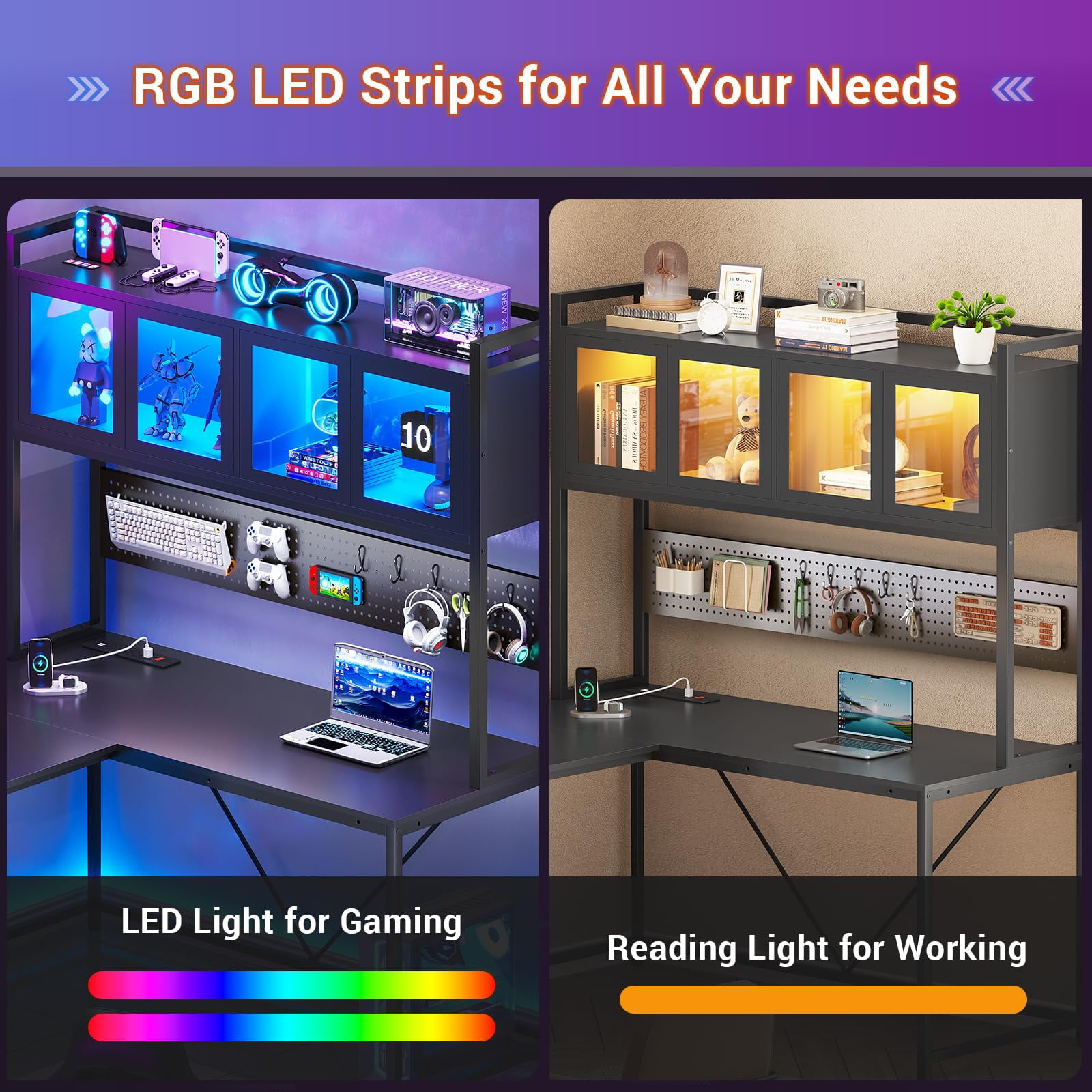 L Shaped Gaming Desk, Reversible L Shaped Desk with Hutch, Drawers and Power Outlet, Gaming Desk with Led Lights, Pegboard and Storage Shelf, Black
