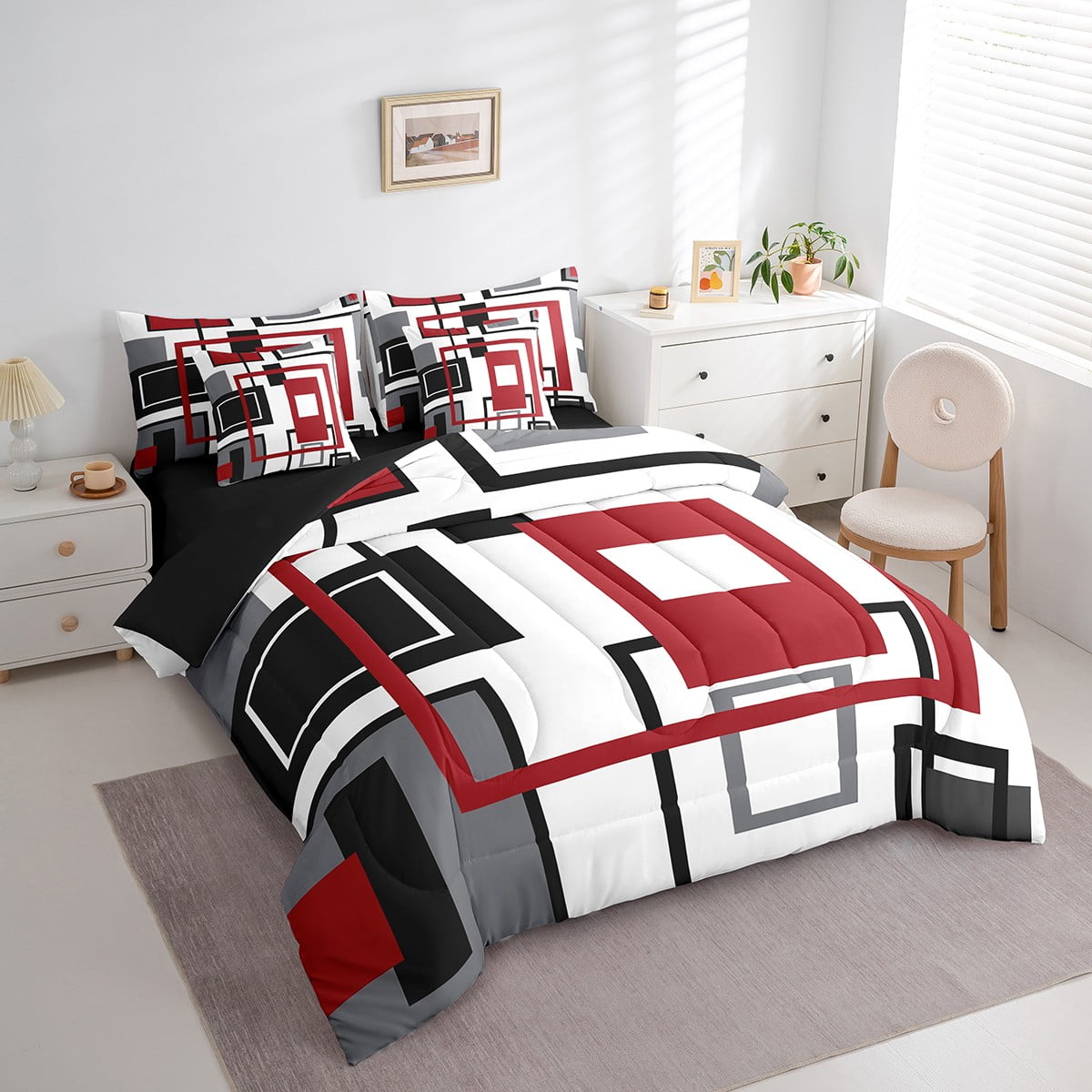 Erosebridal Red Black White Grey Bedding Set Full Teen,Geometric Square Comforter  Set With Sheets Geometry Striped 7 Piece Bed In A Bag Modern Abstract Bed  Set Farmhouse Bedding - Walmart Business Supplies, image size:1200x1200