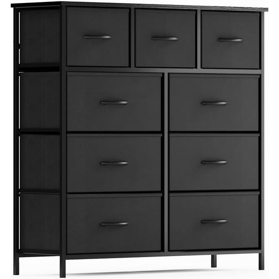 CQAOE 9-Drawer Tall Dresser for Bedroom – Black Wood & Fabric Storage Tower with Sturdy Frame, Large Capacity for Clothes, Closet, Nursery, Entryway