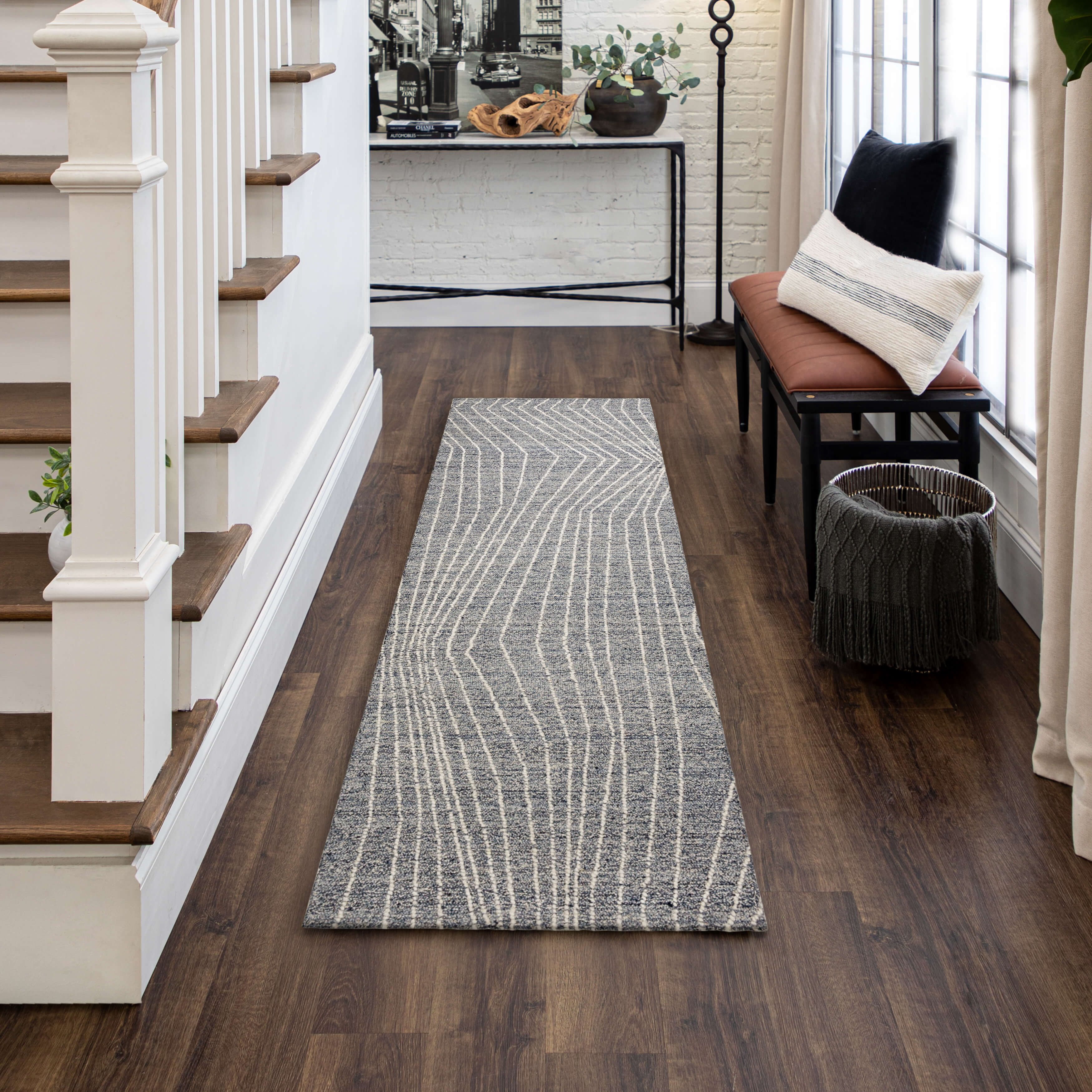 Mainstays Wool Lines Indoor Tufted Area Rug, Fade Resistant, Navy, 2 ft 6 in x 7 ft Runner