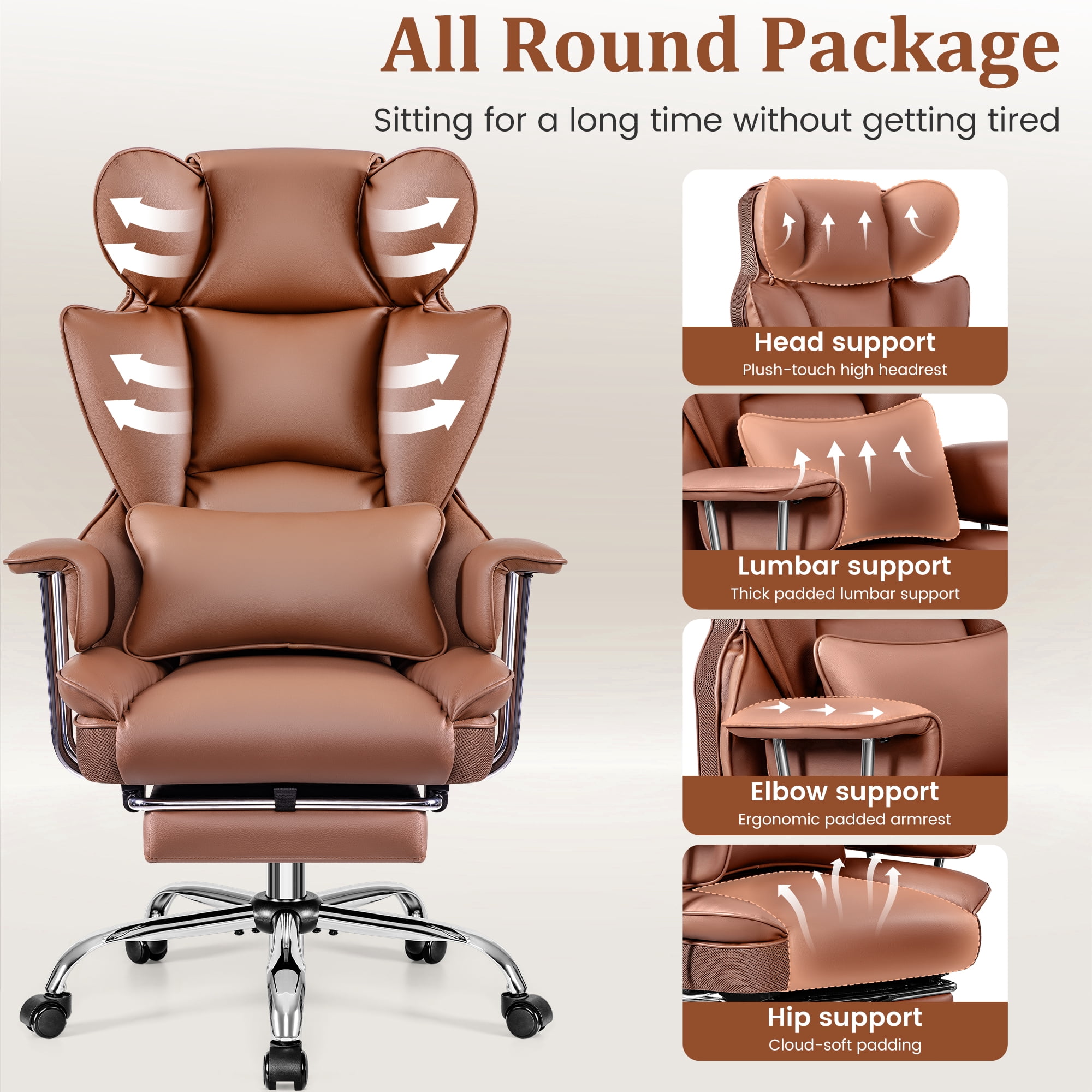 COOLHUT Big and Tall Office Chair 500LBS Wide Seat Ergonomic Computer Desk Chair, PU Leather Executive Office Chair with Footrest, Adjustable Task Chair Lumbar Back Support 8 Hour, Brown