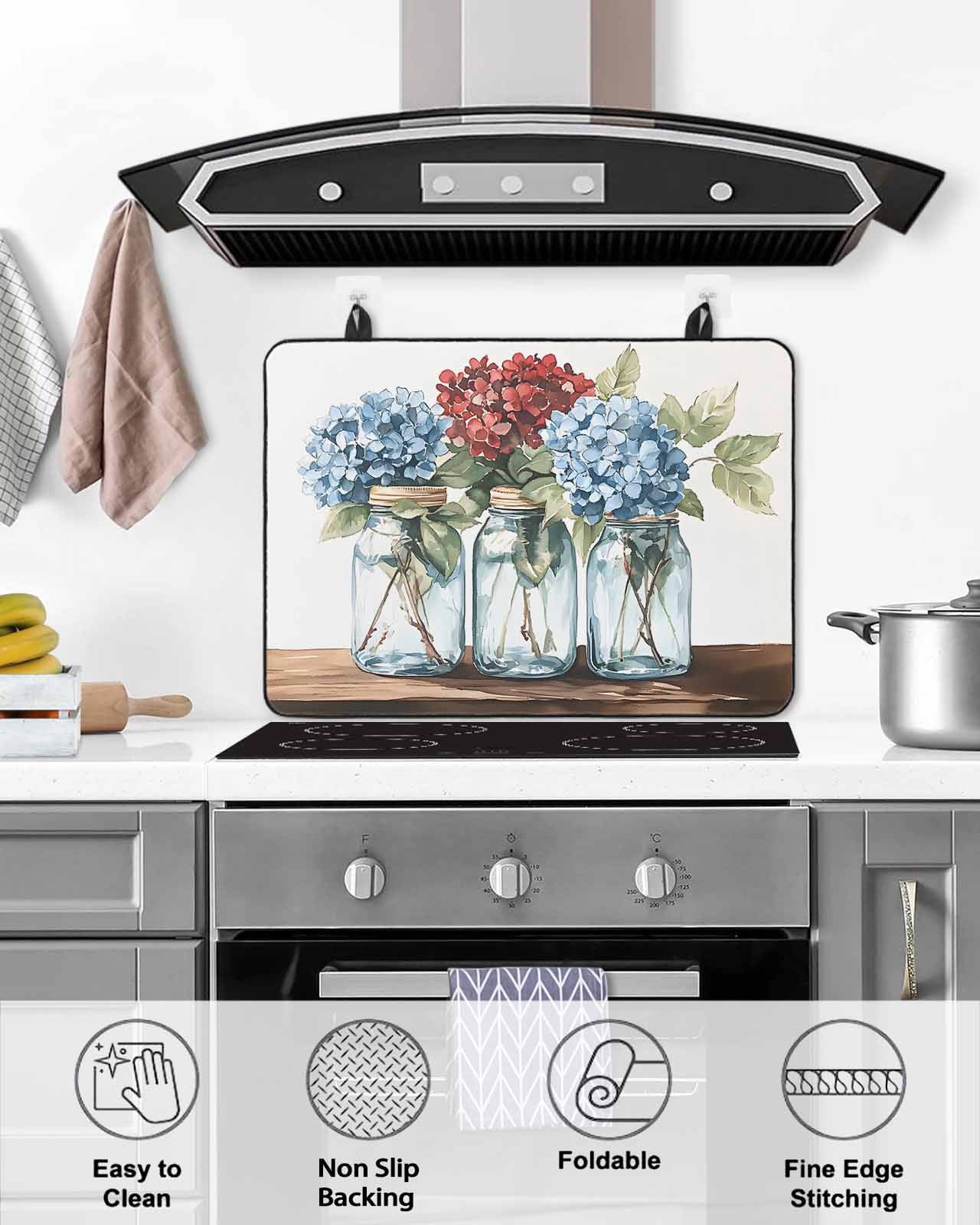 nqOlkjepod Large Induction Cooktop Protector Mat 24"x21", Bottle Flower Stove Top Covers for Electric Stove, Country Red Blue Spring Budding Floral Stove Burner Cover Mats, Glass Top Stove Cover
