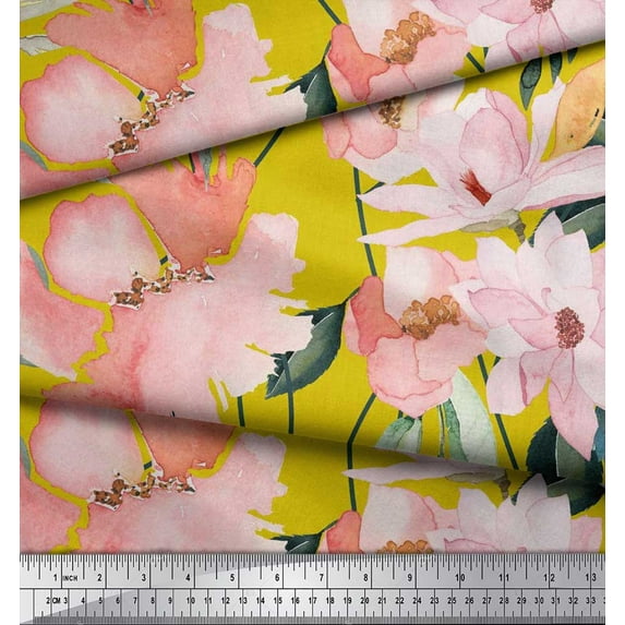 Soimoi Yellow Rayon Fabric Leaves & Magnolia Floral Print Fabric by the Yard 42 Inch Wide