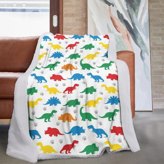 Cute Dinosaur Cartoon Pattern Soft Sherpa Fleece Throw Blanket, Warm Cozy Plush Blanket for Sofa Bed Couch, All Season, 60"x80"
