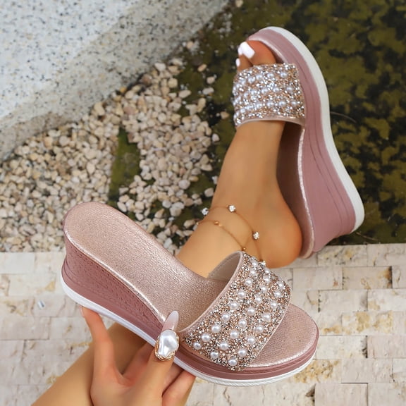 Xucatan Women's Pearl Embellished Wedge Sandals, Rhinestone Decor Open Toe Mules with Chunky Platform, Thick Sole High Heel Slippers, Glamorous Sparkly Summer Shoes for Party Wedding Gift