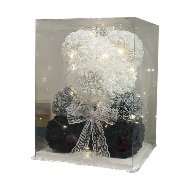 Decoraciones para San Valentín, adornos para San Valentín, regalos para San Valentín, oso de peluche con rosas artificiales de 25 cm con luces, incluye caja de regalo transparente, decoraciones de plá