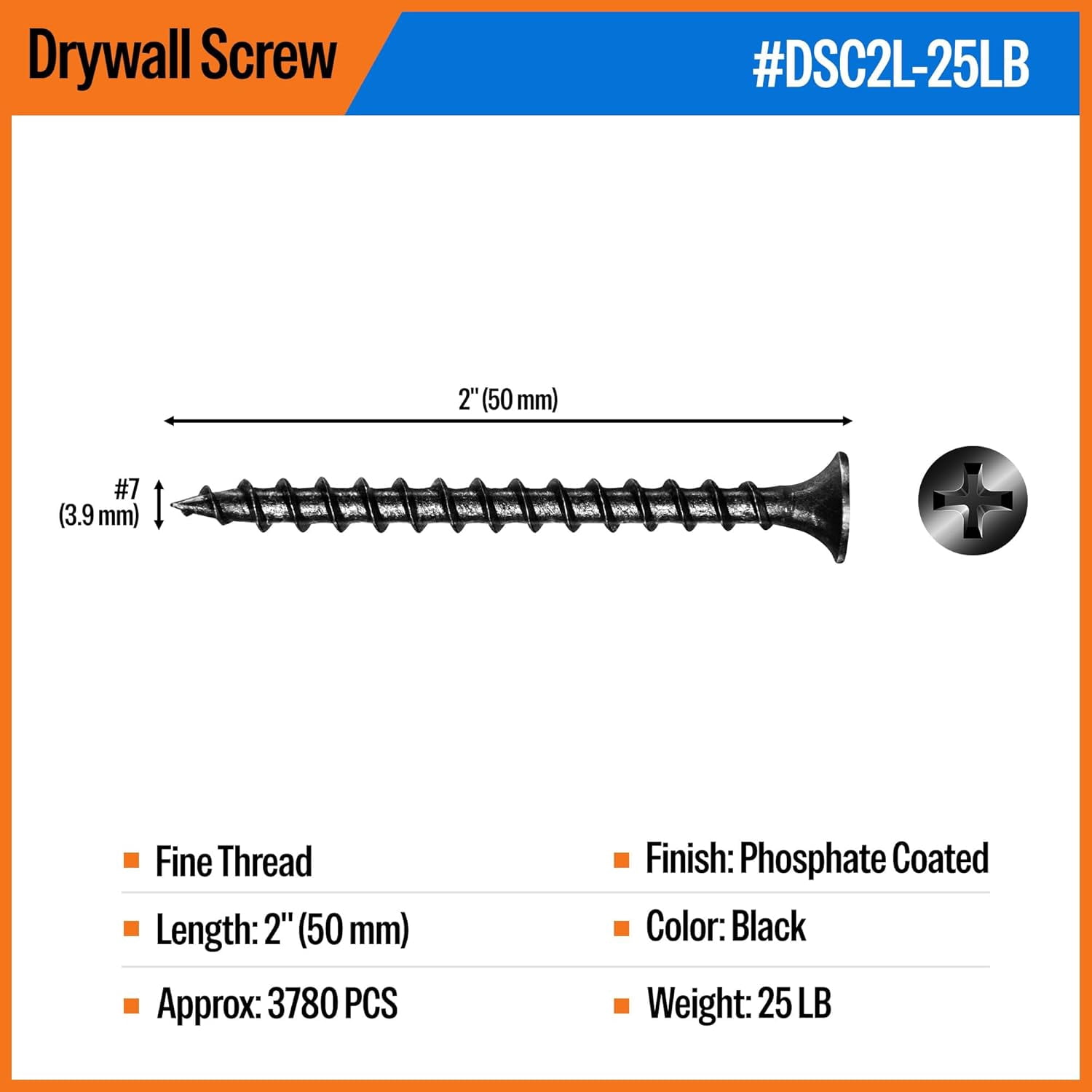 MEITE Drywall Screws, #7 x 2 Fine Thread Black Phosphate Finish Phillips Drive Screws for Drywall, Wood and Furniture (25 LBS)