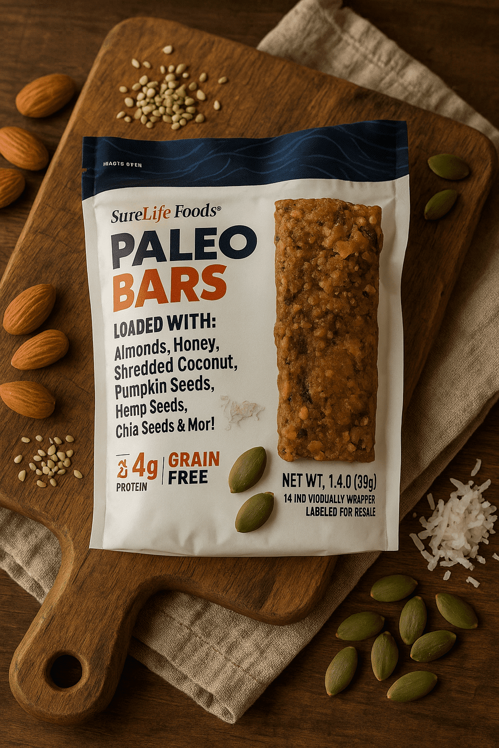 Sure Life Foods Paleo Bars Grain Free Gluten Free Paleo Certified 2 pack (14 per pack) individually wrapped  Zero Cholesterol Meal Replacement Bar 2 Pack 14 Pack