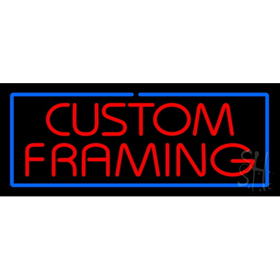 Red Custom Framing Blue Border LED Neon Sign 13 x 32 - inches, Clear Edge Cut Acrylic Backing, with Dimmer - Bright and Premium built indoor LED Neon Sign for art gallery, and exhibition.
