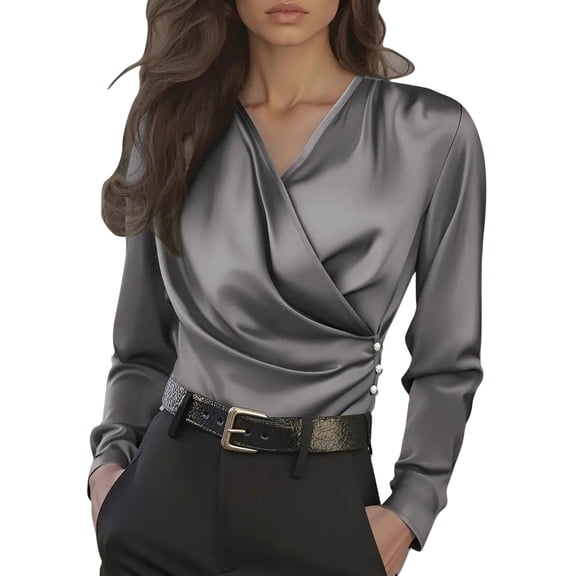 yillto Women Wrap Blouse Satin V Neck Long Sleeve Tops Silk Casual Office Work Top Plain Dressy Shirt