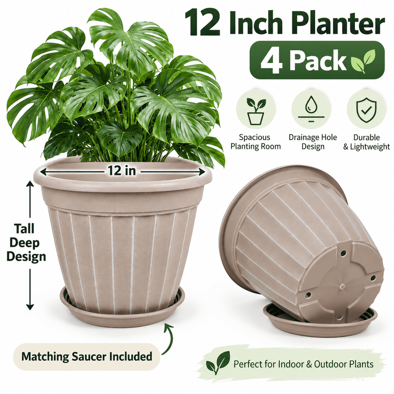 4 Pack 12 Inch Large Plastic Plant Pots with Drainage Holes and Saucers ...