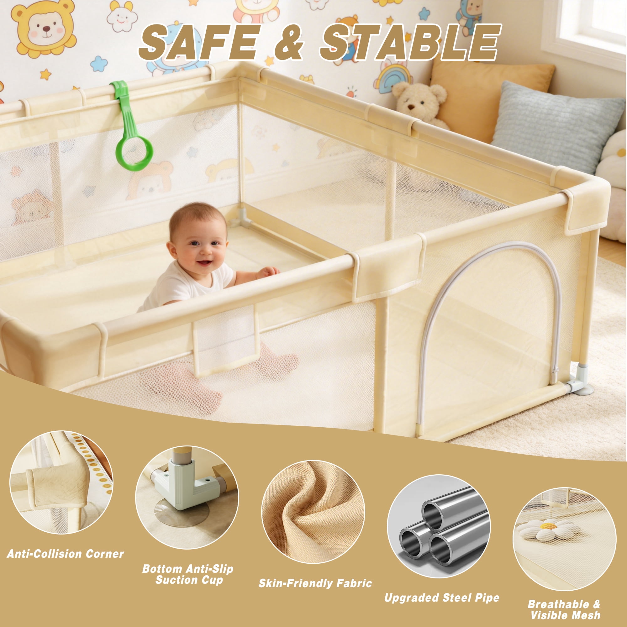 Easy4Home Extra Large Baby Playpen 71"x60" Toddler Play Yards Safety Fence, Beige