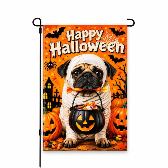Happy Halloween Garden Flag with Pug Mummy Design, Pumpkins, Candy, and Bats, 12 x 18 Inch Decorative Yard Flag for Outdoor Decor, Lawn, Porch, or Patio