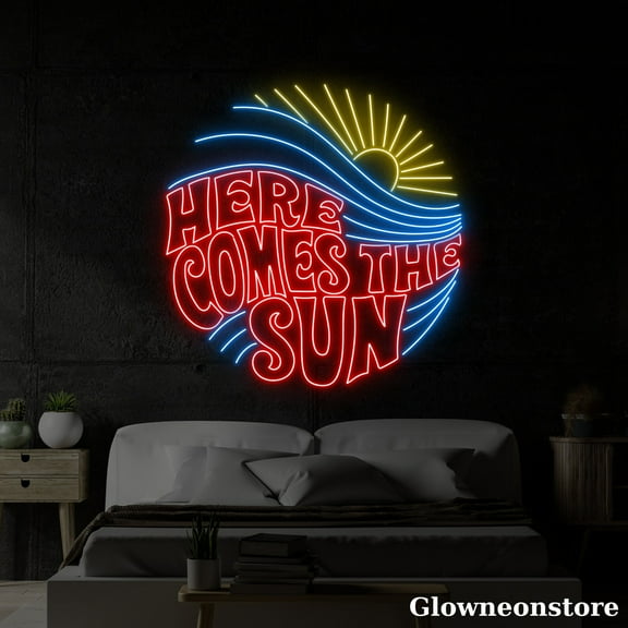 Glowneon Here Come The Sun Neon Sign, Here Come The Sun Neon Sign, Sunrise Wave Led Light
