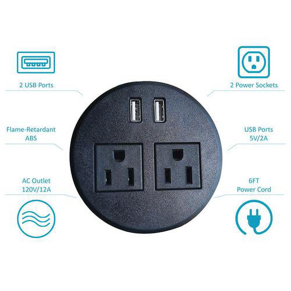 ApexDesk Ul Certified Desktop Power Grommet with Two Power Sockets, Two Quick USB Charging Ports, 6ft Power Cord and Lock Ring (Black)