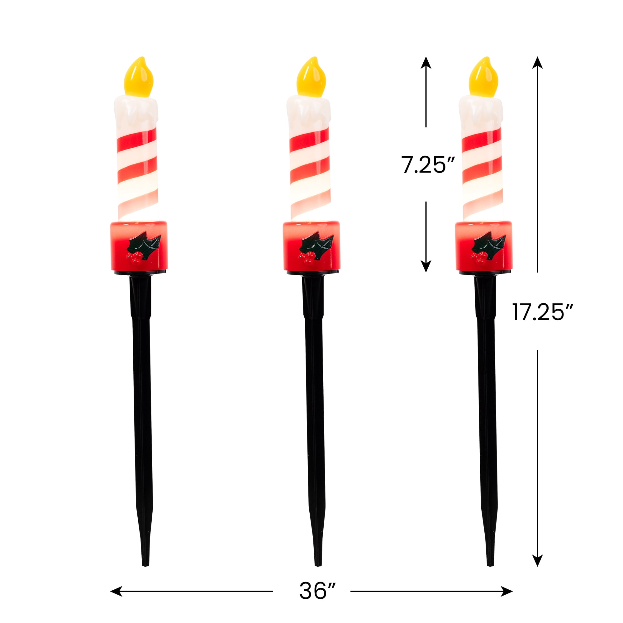 Candle with Holly Outdoor Christmas Pathway Markers - 17.25" - Set of 3