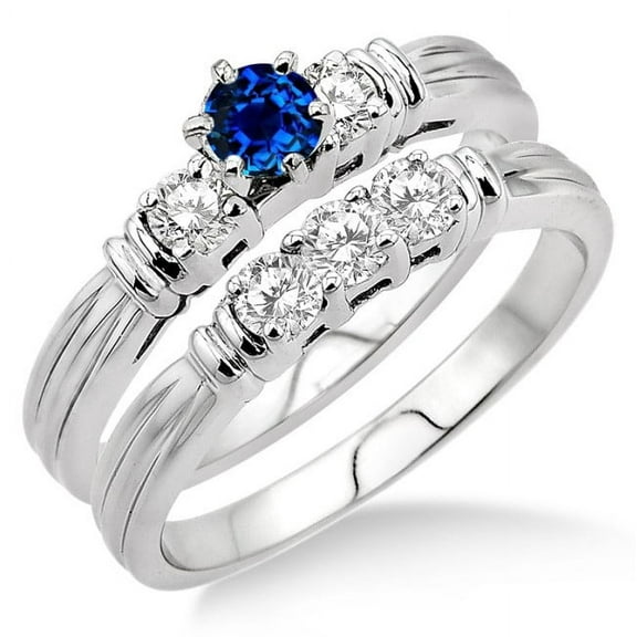 1.25 Carat Round Cut Blue Sapphire And Diamond Moissanite Three Stone Bridal Set On 10K White Gold, Promise Ring, Anniversary Ring