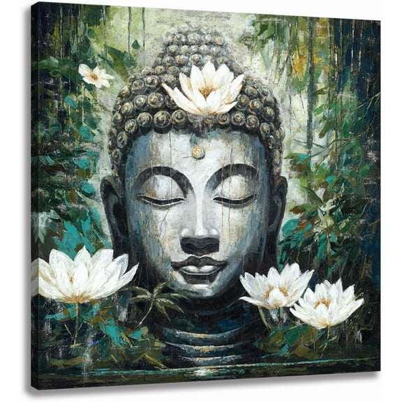 Buddha Statue Decor Wall Art with Gold Foil Canvas Painting Lotus Flower Buddha Head Picture Green Zen Art Artwork for Bathroom Bedroom Walls 12x12