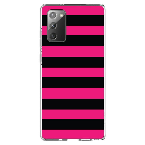 DistinctInk Clear Shockproof Hybrid Case for Galaxy Note 20 ULTRA (6.9" Screen) - TPU Bumper, Acrylic Back, Tempered Glass Screen Protector - Black & Pink Bold Horizontal Stripes