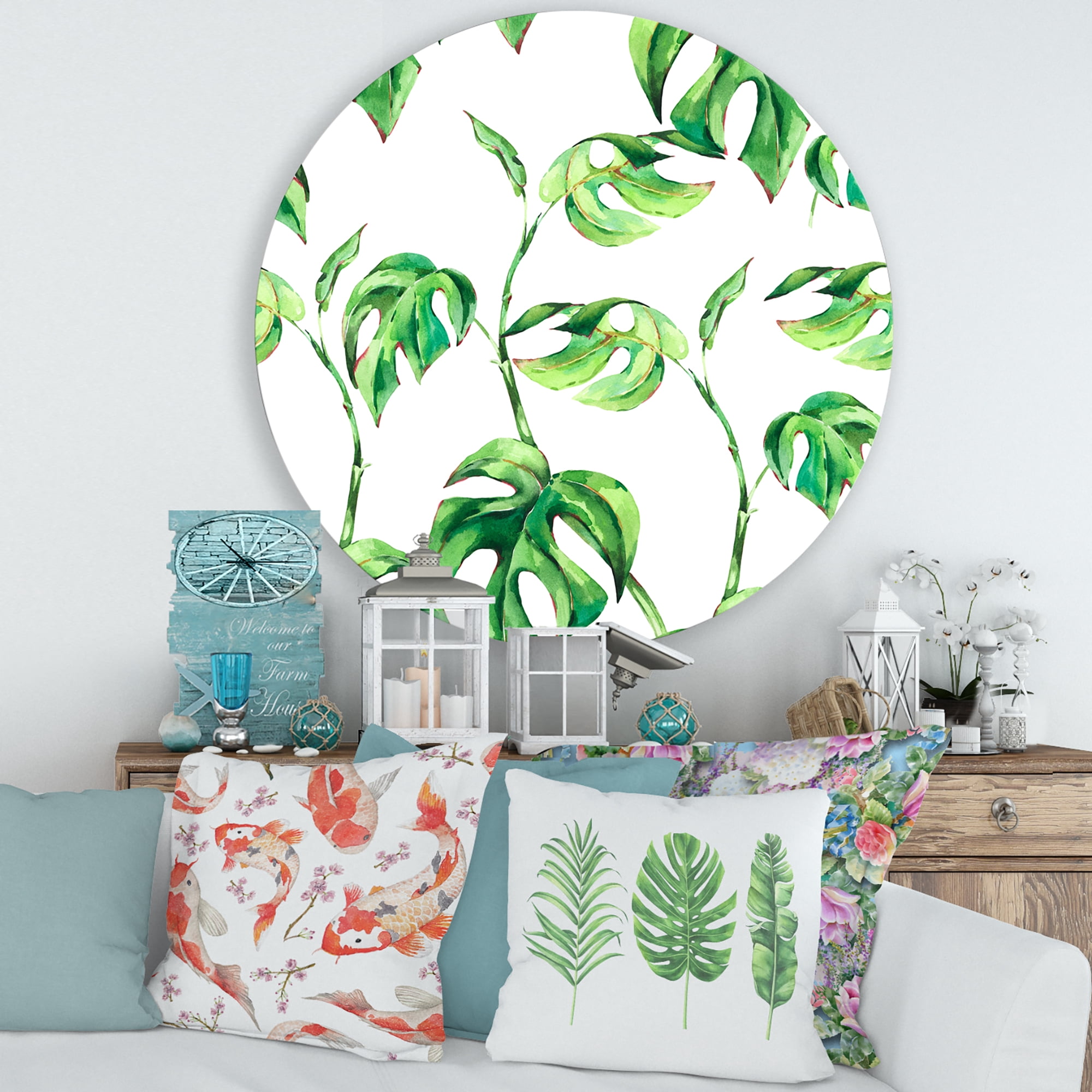 Designart 'Ancient Floral Tropical Leaves II' Tropical Circle Metal Wall Art 29x29 - Disc of 29