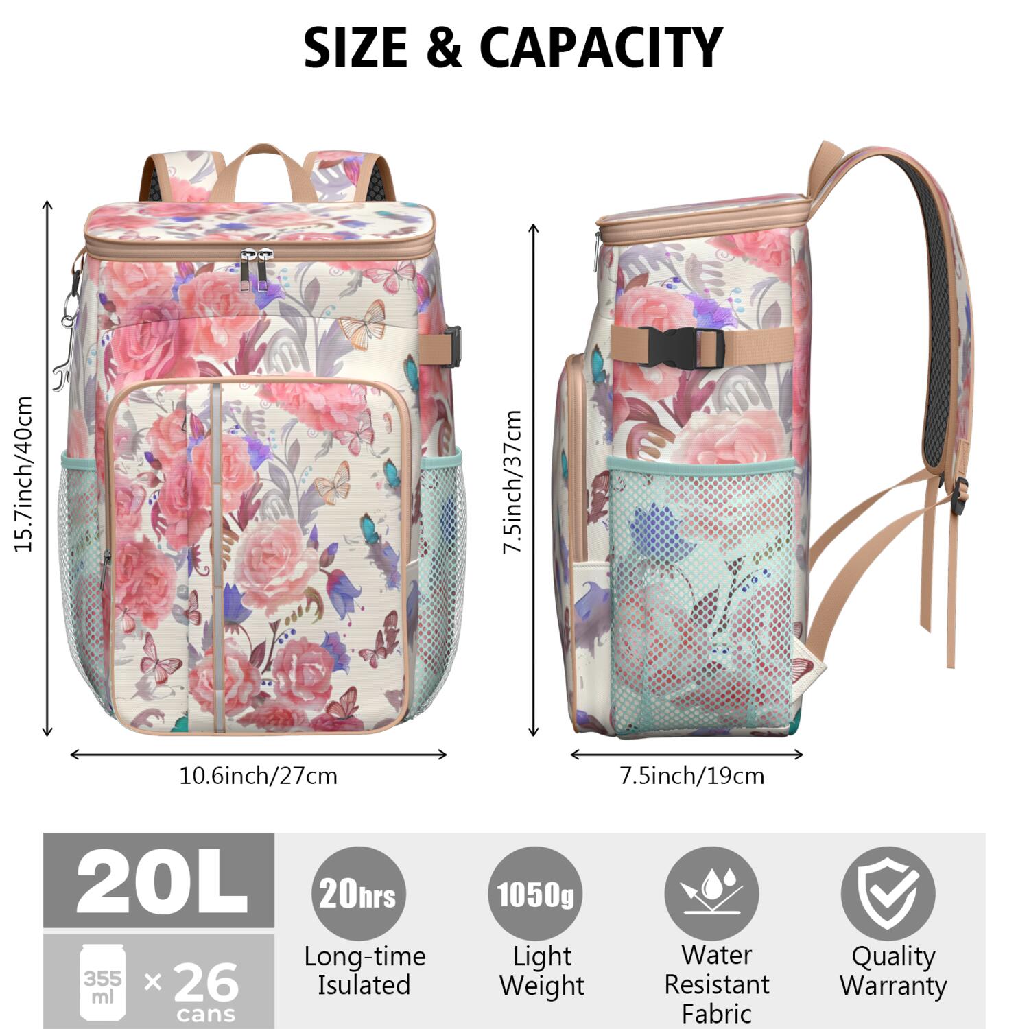 Travel Cooler Bag - Pioneer Flower Floral Print Pattern Camping Beer Cooler Backpack with Bottle Opener- Waterproof Insulated Picnic Backpacks - Cooler Bag for Beach