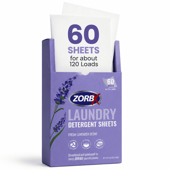 ZORBX Lavender Laundry Detergent Sheets (60 Ct, 120 Loads) – Liquid-less, Quick Dissolving for Tough Stains & Odors