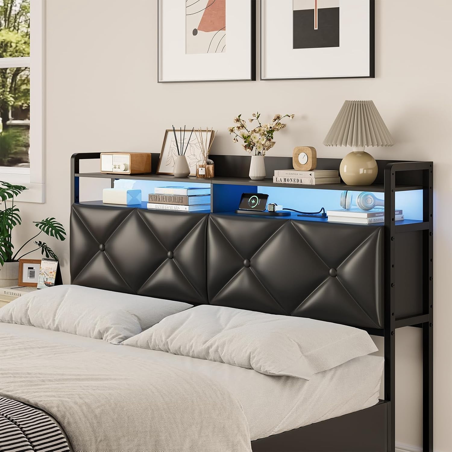 SELOOYE Headboard Queen Size with 2-Tier Open Space and Pull-Out Hidden Storage, Upholstered Headboard with Charging Station, Height Adjustable Sturdy Queen Bed Head Only, Easy Assembly, Black