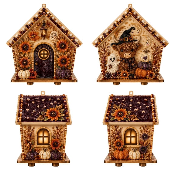 Halloween Wooden House 3D Rhinestone Diamond Art DIY Kit Pearl Bead Craft, Spooky Haunted Cottage Tabletop Decor, 5.7in