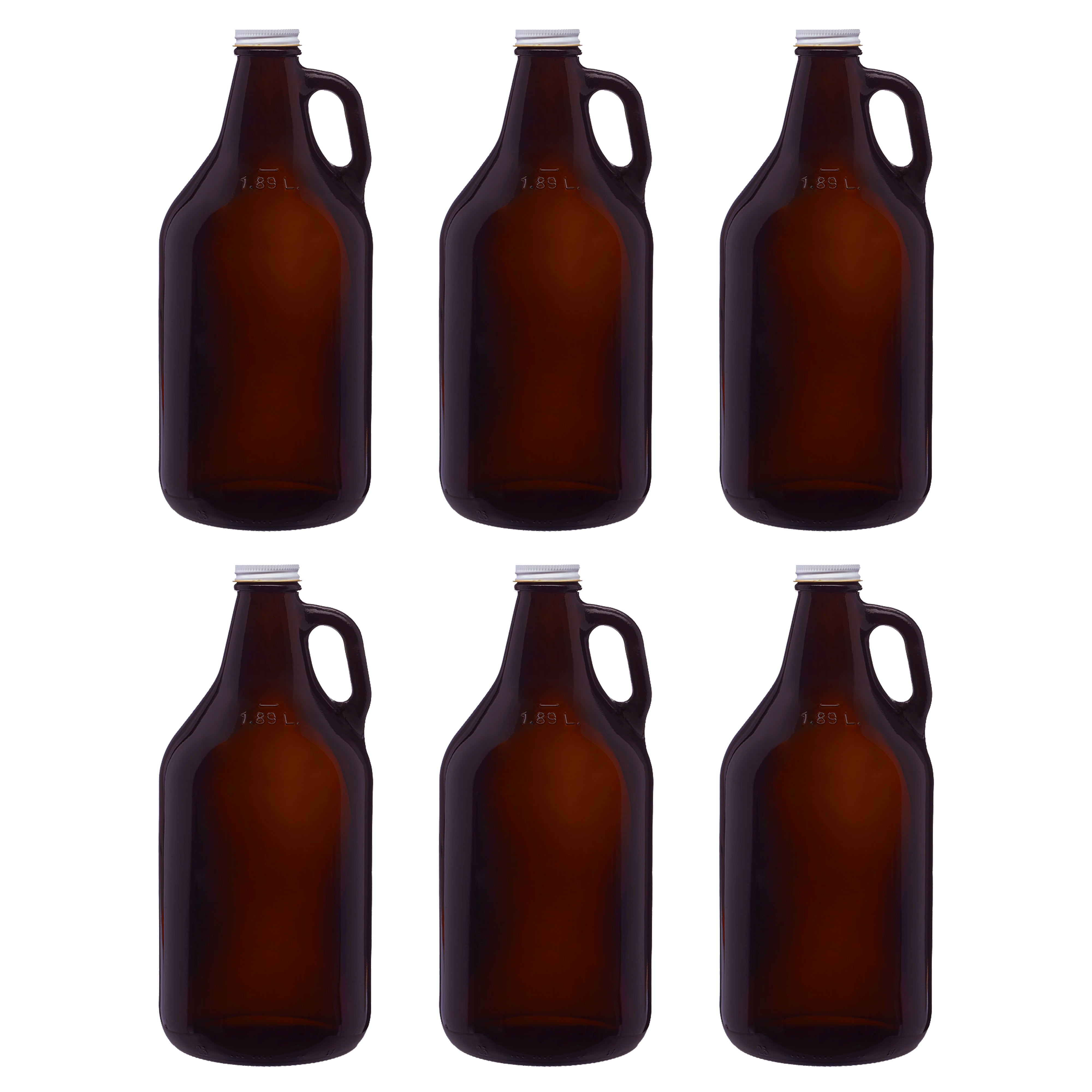 6 Amber Glass Beer Growlers Set, 64 oz. Screw on Lid, Sturdy, Barware