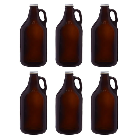 6 Amber Glass Beer Growlers Set, 64 oz. - Screw on Lid, Sturdy, Barware - Amber