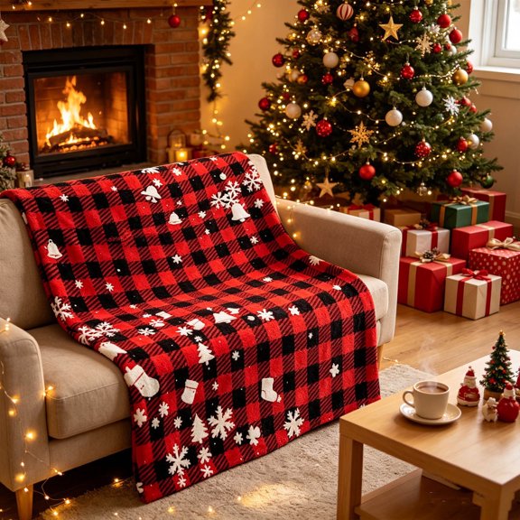 Festive Christmas Throw Blanket Cozy Flannel Nap Blanket for Sofa Bed Office Couch Winter Décor