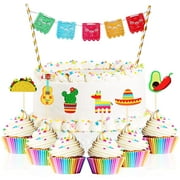 43 Pcs Fiesta Cupcake Topper and Picado Banner for Fiesta Party Decorations Mexican Theme Cake Decorations for Mexican Themed Cactus Donkey Taco Pepper Sombrero Mustache Party Decorations