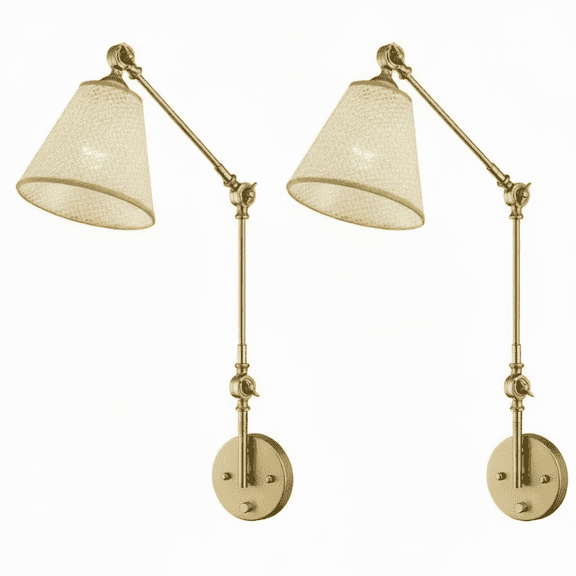 ArcoMead Wall Sconce Set of 2,Gold Wall Lights with Beige Rattan Lampshade Fixtures, Angle adjustable Sconces for Bedroom Living Room Hallway